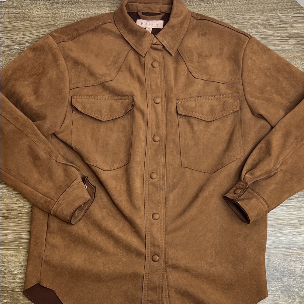 🤎 Philosophy Faux Suede Western Shirt Jacket Brown Snap Front XS 🤎